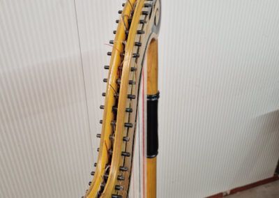 Vista superior de arpa paraguaya con tapereds tuning pins cónicos y negros
